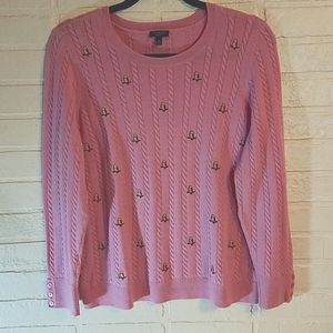 TALBOTS pink embroidered owl cable knit button cuff sweater